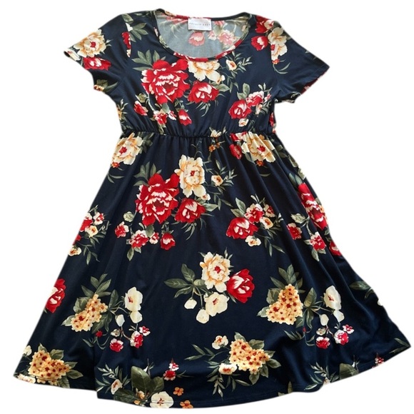 French Grey Red and Yellow Floral Flutter Sleeve Midi Sundress - Picture 1 of 13